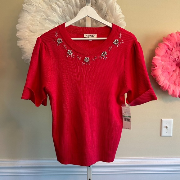 NWT Nanette LePore Short Sleeve knit Shirt with Embellished Collar Size L - Picture 1 of 6